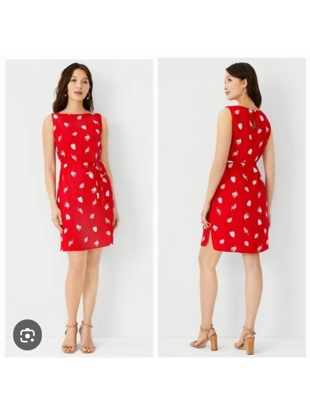 Ann Taylor Red & White Embroidered Sleeveless Dress with Tie Belt XS